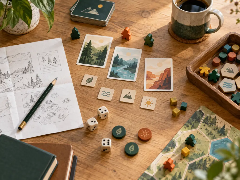 A board game designer's table with cards, dice, wooden pieces, and sketches.